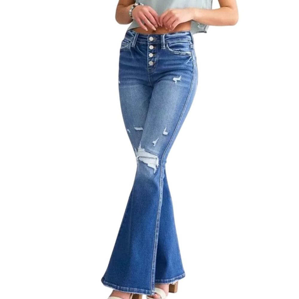 Flying Monkey Womens High Rise Exposed Button Fly Flare Frayed Hem Jeans Size 28